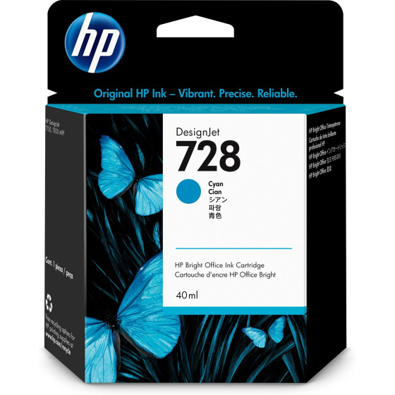 Cartouche d'encre HP 728 cyan 40 ml - HP d'origine (F9J63A)