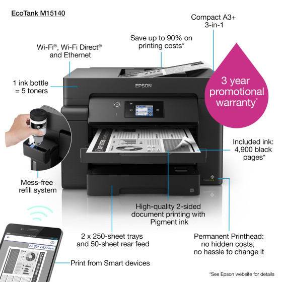 Imprimante A3 multifonction Epson EcoTank M15140 à réservoirs rechargeables (C11CJ41403)