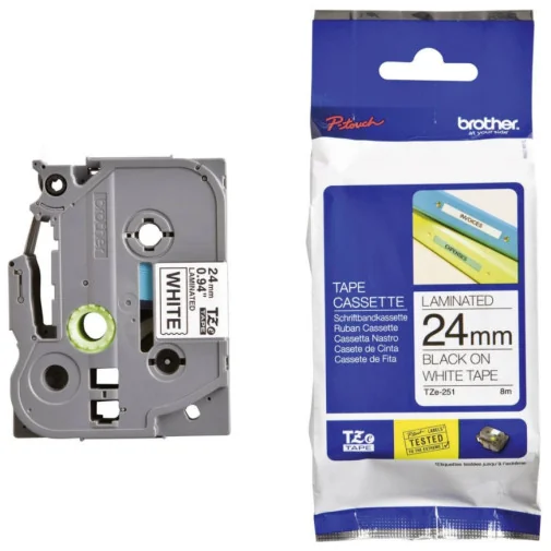 CASSETTE À RUBAN BROTHER TZE-251 - NOIR SUR BLANC CASSETTE À RUBAN BROTHER TZE-251 - NOIR SUR BLANC, 24 MM DE LARGE / 8 M DE LONG - Ruban - Rightech - le bon choix