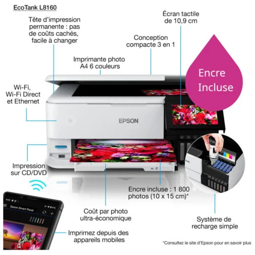 Epson EcoTank L8160 Imprimante photo (C11CJ20403) - Multifonction à réservoirs - Rightech - le bon choix