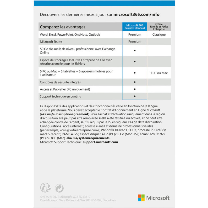 Microsoft 365 Business Standard Français - abonnement 12 mois pour 1 personne (PC, Mac, iOS et Android)