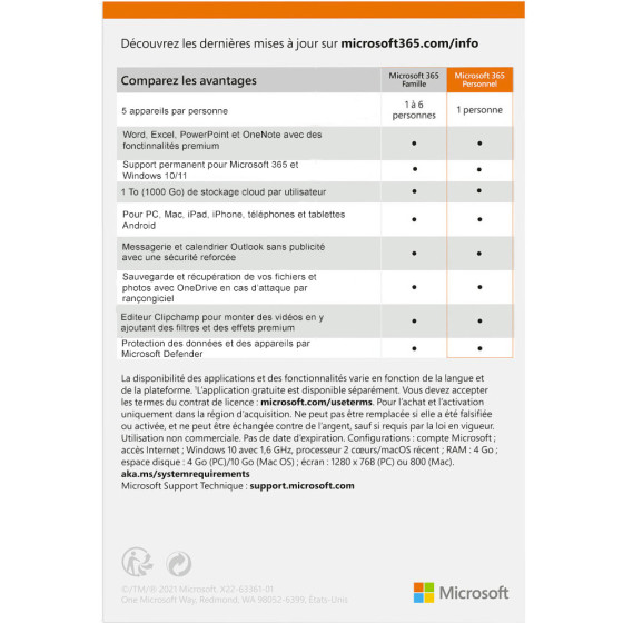 Microsoft 365 Personal Français - abonnement 12 mois pour 1 personne (PC, Mac, iOS et Android)
