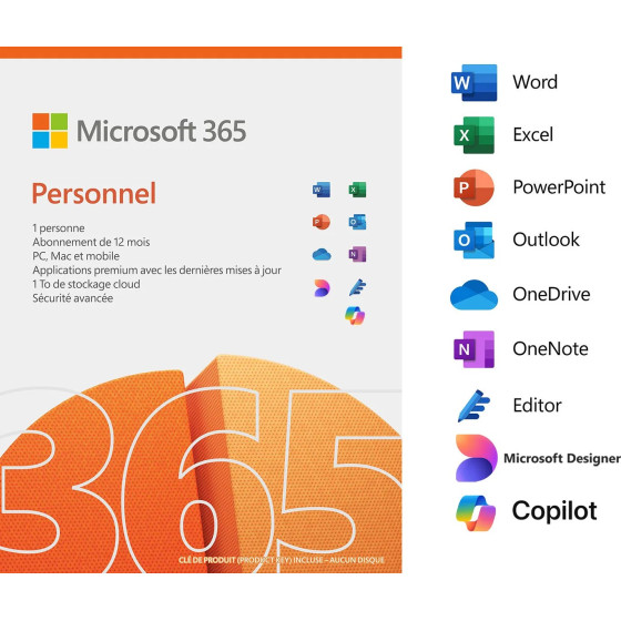 Microsoft 365 Personnel Français avec Copilot intégré - abonnement 12 mois pour 1 personne (PC, Mac, iOS et Android)
