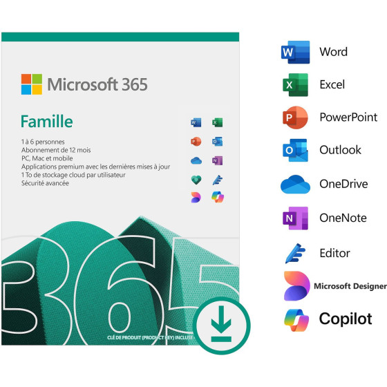 Microsoft 365 Famille Français - abonnement 12 mois pour 6 personnes | Licence officielle envoyée par email