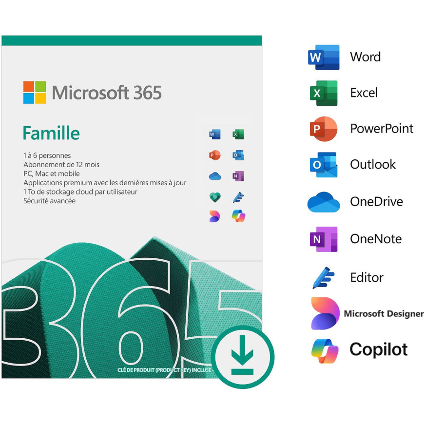 Microsoft 365 Famille Français - abonnement 12 mois pour 6 personnes | Licence officielle envoyée par email