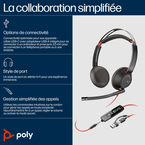 Poly Blackwire 5220 Stereo USB-C Headset +3.5mm Plug +USB-C/A Adapter (8X231AA)