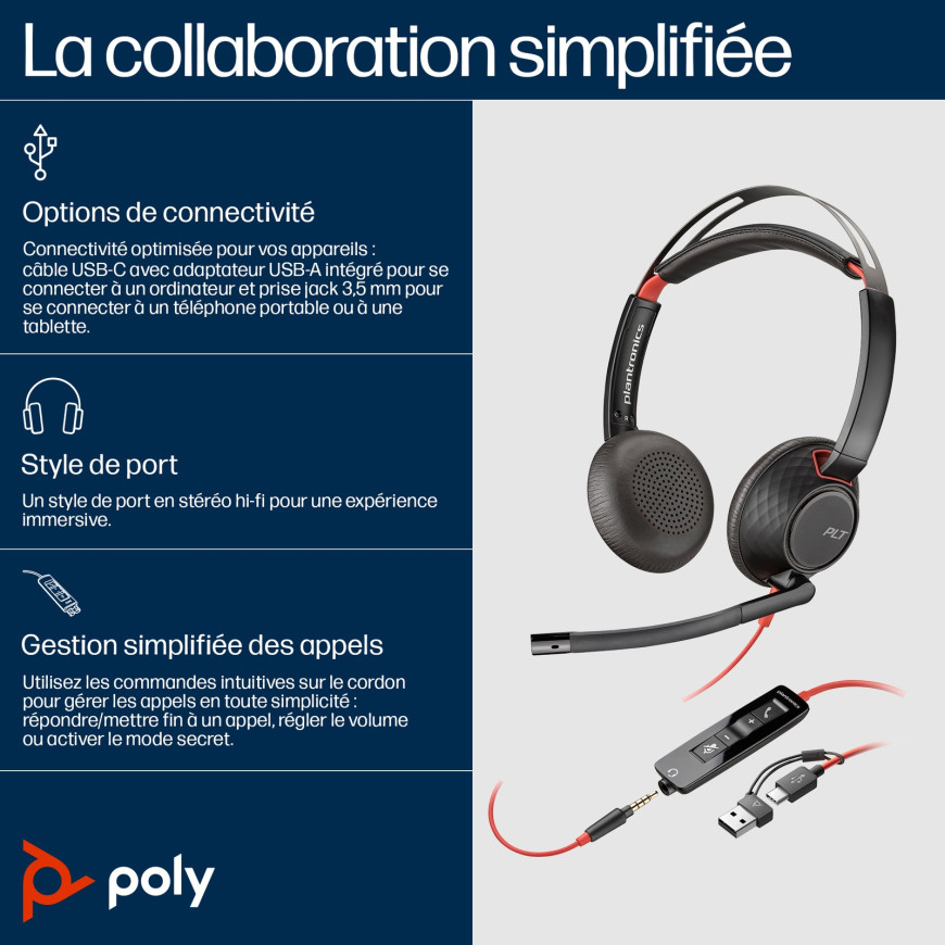 Poly Blackwire 5220 Stereo USB-C Headset +3.5mm Plug +USB-C/A Adapter (8X231AA)