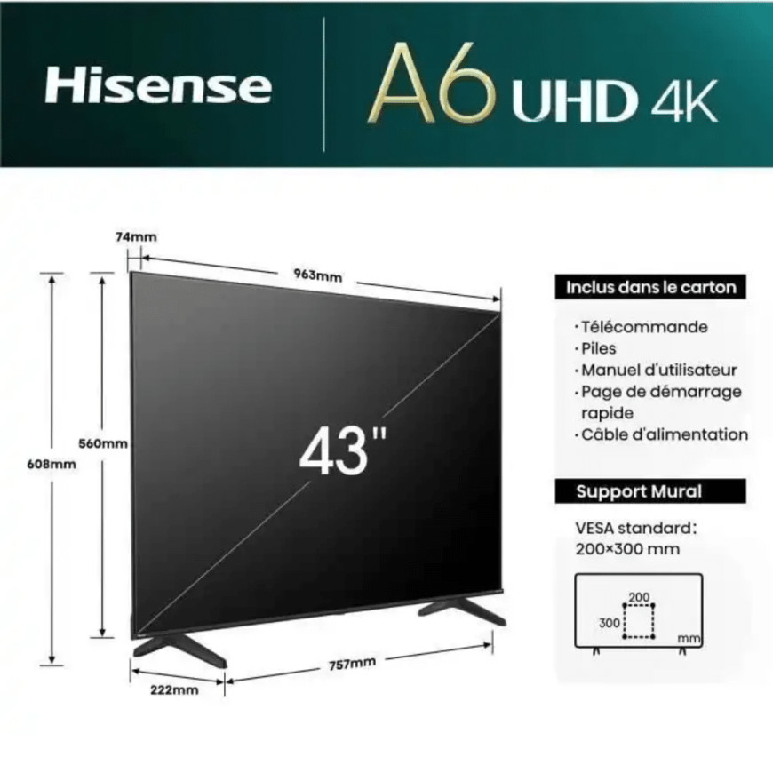 Smart TV HISENSE UHD 4K 43'' 24 Mois (HIS43A6N)