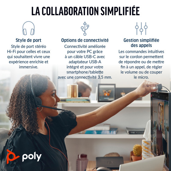 POLY Blackwire 3225 Stereo USB-C Headset +3.5mm Plug +USB-C/A Adapter (8X229AA)