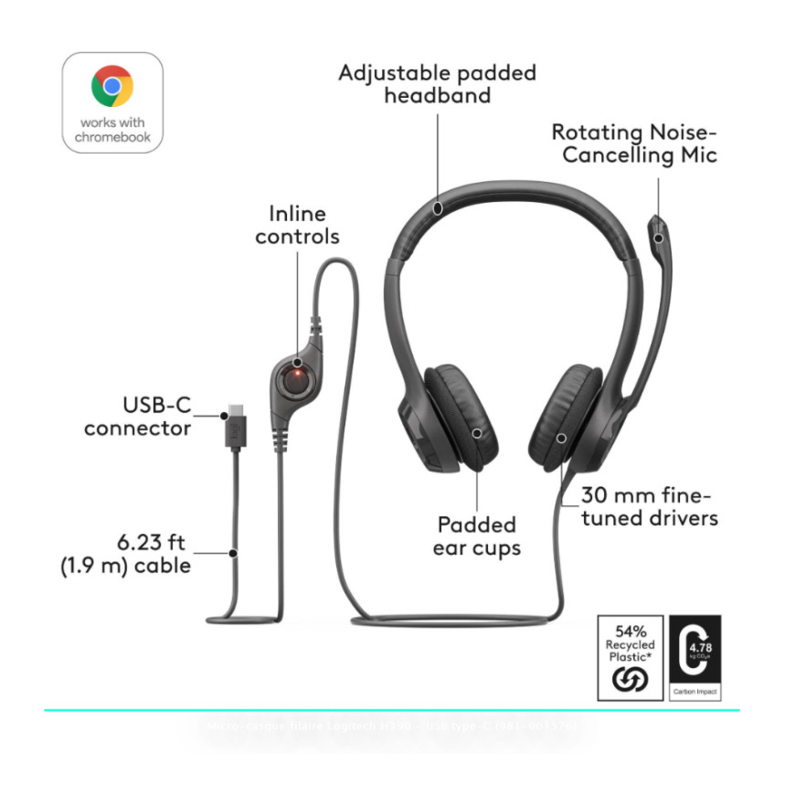 Logitech H390 Headset Corded Black USB Type C (981-001576)