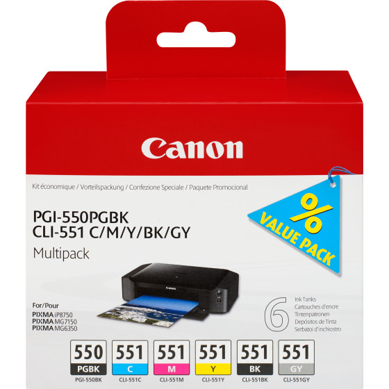 Canon Multipack de 6 cartouches d'encre PGI-550/CLI-551 PGBK/C/M/Y/BK/GY (6496B005AA)