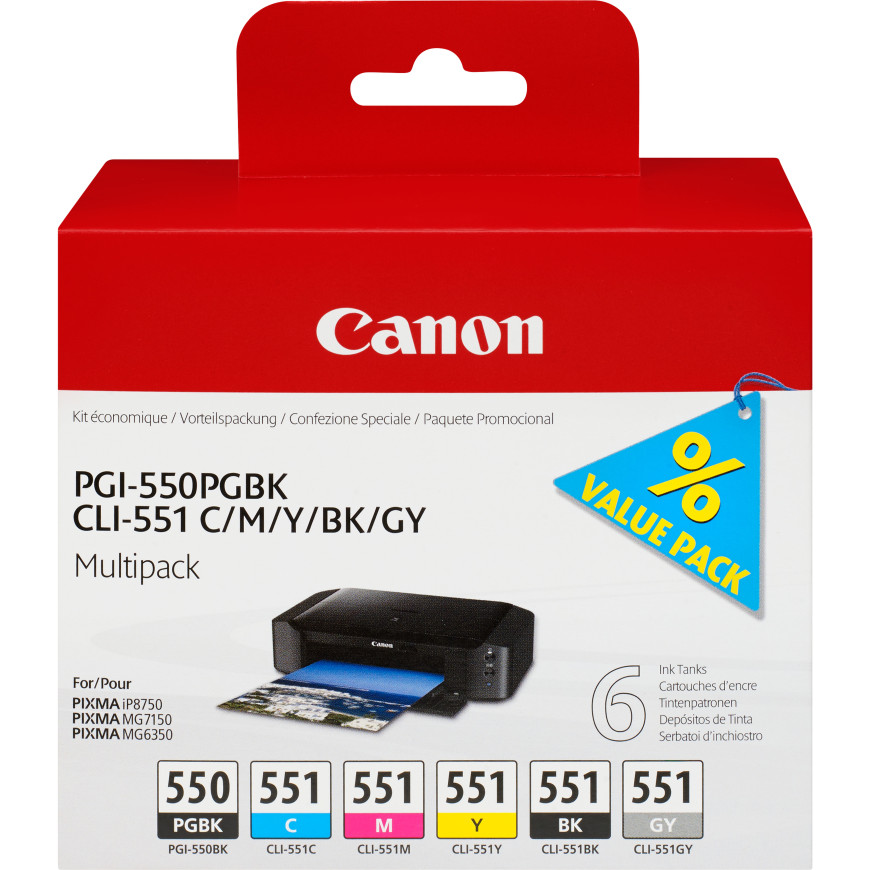 Canon Multipack de 6 cartouches d'encre PGI-550/CLI-551 PGBK/C/M/Y/BK/GY (6496B005AA)