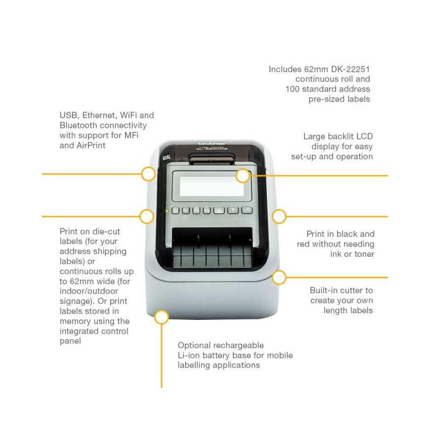 Imprimante d'étiquettes professionnelle avec Wi-Fi, réseau Ethernet et Bluetooth (QL-820NWBC)