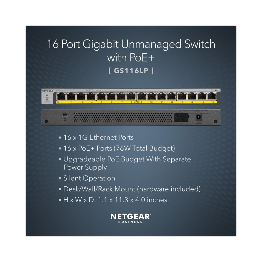 Switch Netgear 16 ports PoE+ 10/100/1000 Mbps (GS116LP-100EUS)
