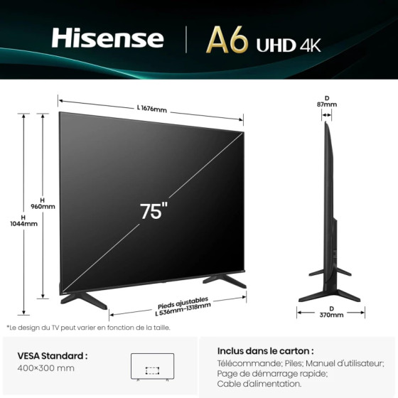 Smart TV Hisense 75A6Q 75" UHD 4K VIDAA - Téléviseur Connectée (HIS75A6Q)