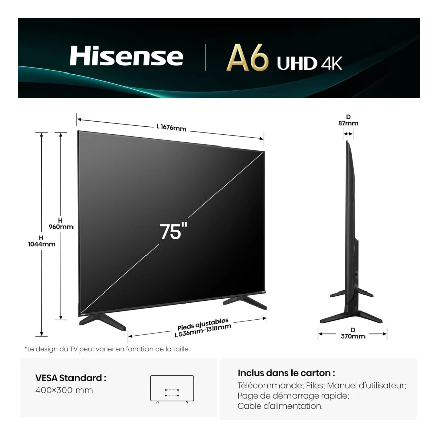 Smart TV Hisense 75A6Q 75" UHD 4K VIDAA - Téléviseur Connectée (HIS75A6Q)
