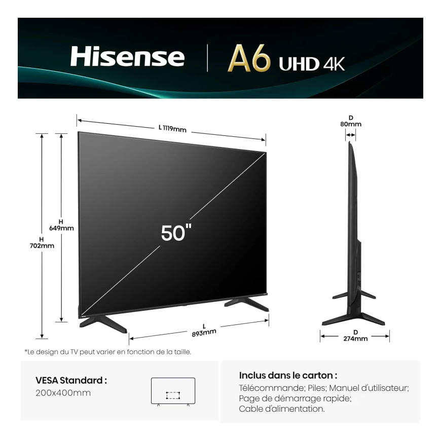 Smart TV Hisense 50 pouces UHD 4K VIDAA (HIS50A6Q)