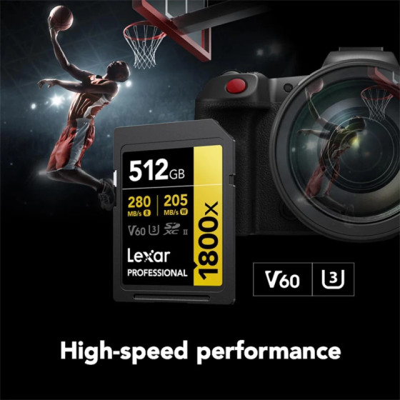 Carte mémoire SD LEXAR 1800X 512GB UHS-II 280MB/s 205MB/s (LSD1800512G-BNNNG)