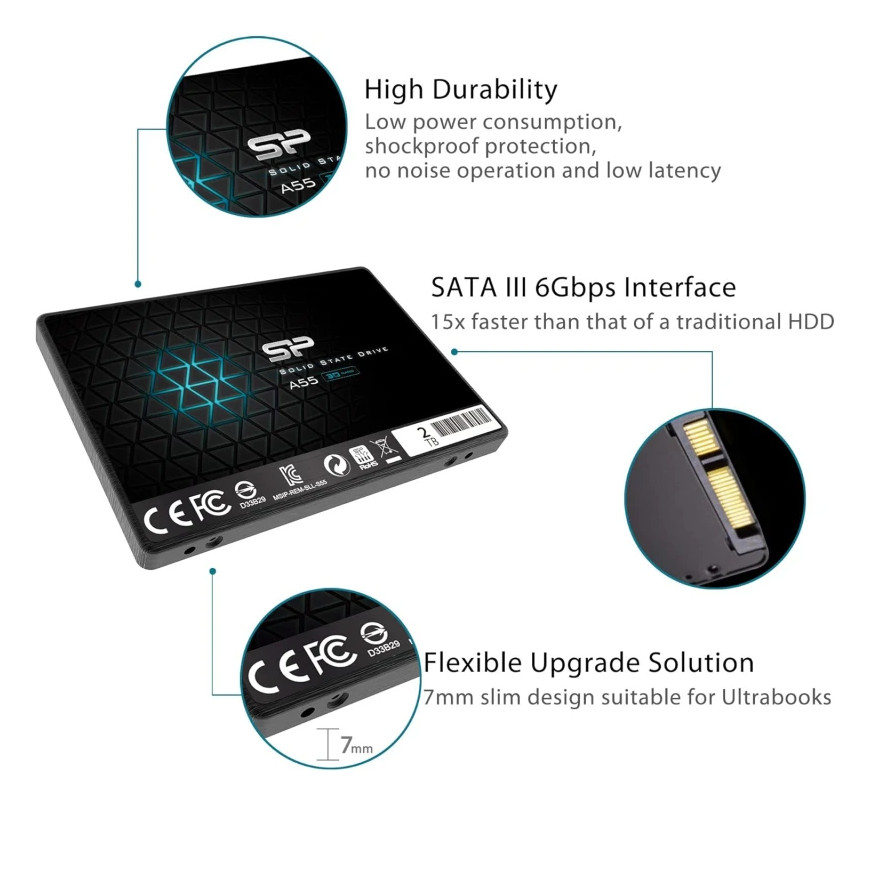 Disque dur interne ssd silicon power 2to a55 2.5' (SP002TBSS3A55S25)