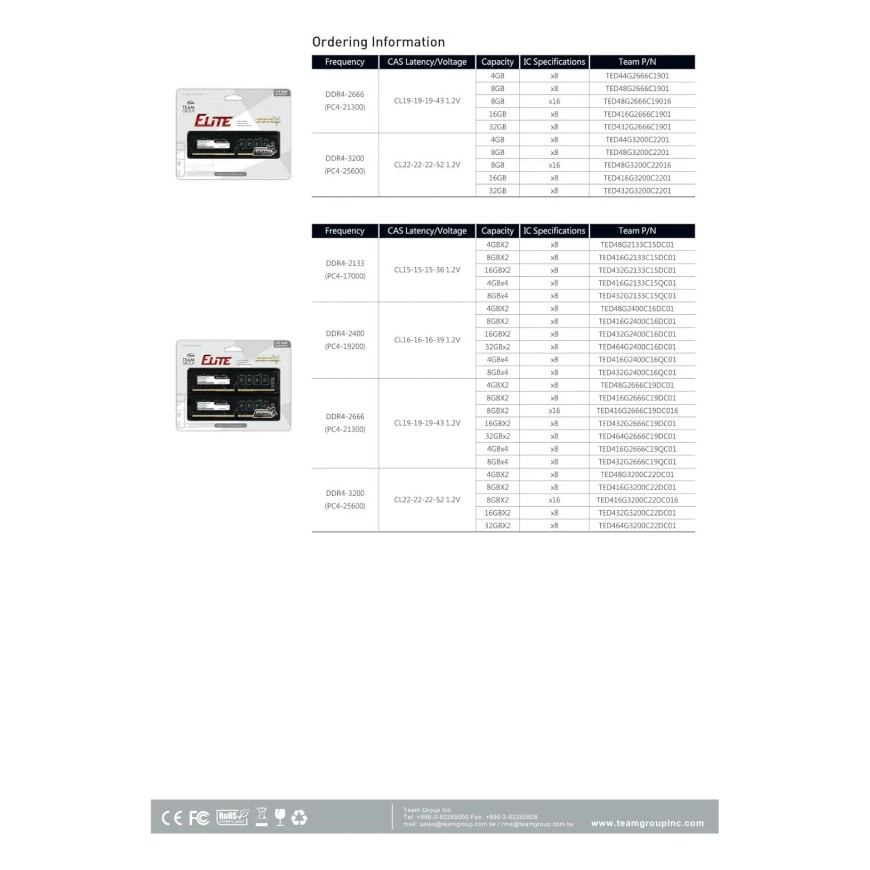 Barrette mémoire de bureau UDDIM DDR4 TEAM ELITE 16 Go 3200 CL22 (TED416G3200C2201)