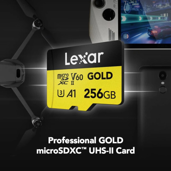 Carte mémoire microSD LEXAR Gold 256GB UHS-II 280MB/s 180MB/s (LMSGOLD256G-BNNNG)