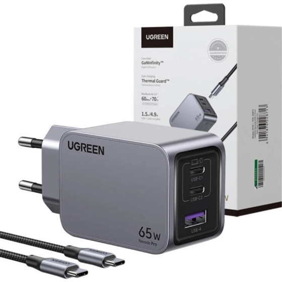 Chargeur Rapide Ugreen 100W GaN 2C1A avec Câble 1.5m USB-C (25874)