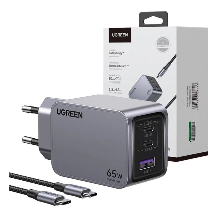 Chargeur Rapide Ugreen 100W GaN 2C1A avec Câble 1.5m USB-C (25874)