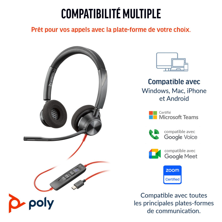 Micro-casque Poly Blackwire 3320 stéréo USB-C certifié Microsoft Teams + adaptateur USB-C/A (8X220AA)