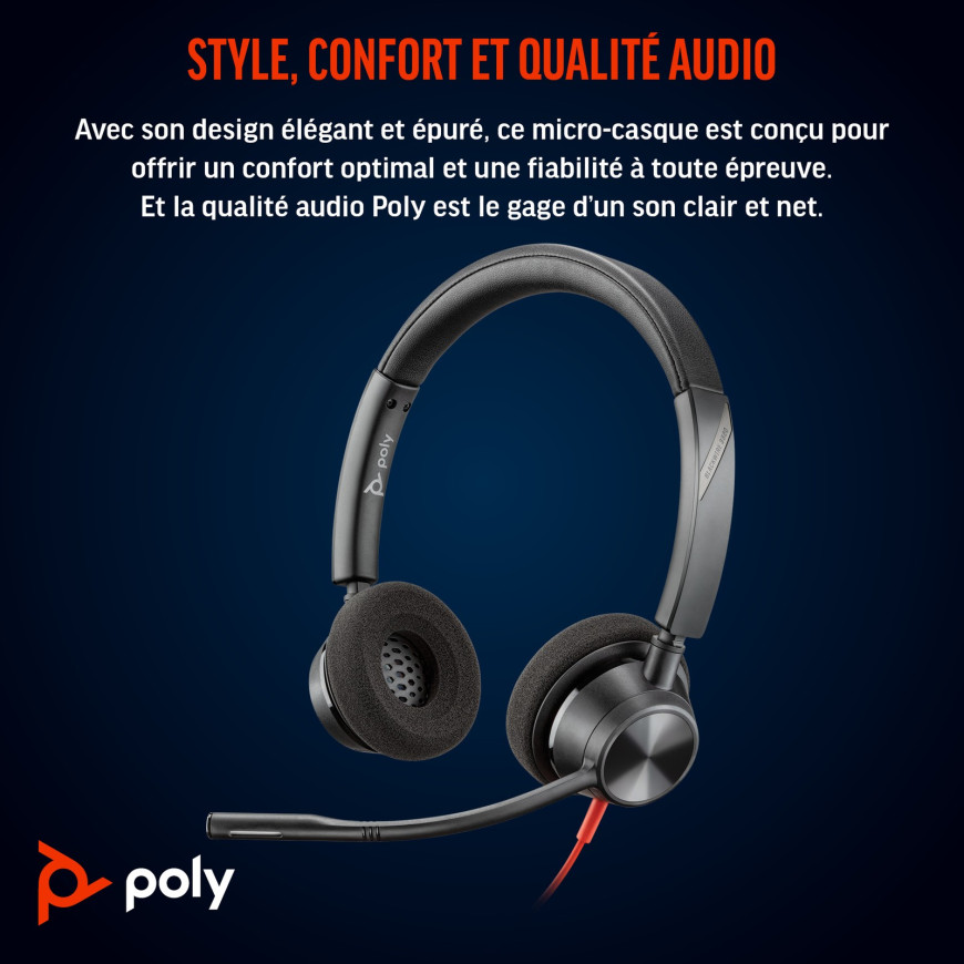 Micro-casque Poly Blackwire 3320 stéréo USB-C certifié Microsoft Teams + adaptateur USB-C/A (8X220AA)