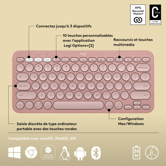 Logitech Pebble Keys 2 K380s Mini Clavier sans fil Bluetooth - Rose (920-011805)