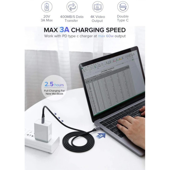 Câble USB-C Ugreen 1.5M USB 3.1 Type-C Mâle vers Mâle (50751)