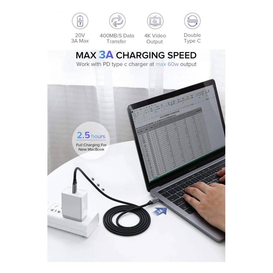 Câble USB-C Ugreen 1.5M USB 3.1 Type-C Mâle vers Mâle (50751)