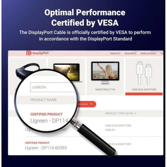 Câble Ugreen DisplayPort 1.4 Mâle vers Mâle 8K - 1 mètre (80390)