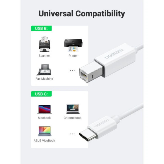 Câble Ugreen 40560 Cable USB 1m USB-C 2.0 To USB-B Blanc