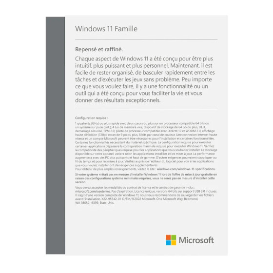 Microsoft Windows 11 Famille 64 bits Français - Licence originale (KW9-00636)