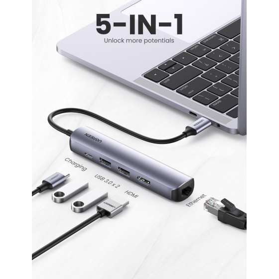 Adaptateur Ugreen 10919 Hub USB-C 5 en 1 Supporte PD Power Delivery 100W Recharge