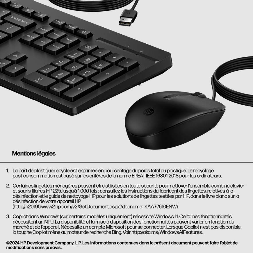 Pack clavier souris filaires HP 225 AZERTY (286J4AA)
