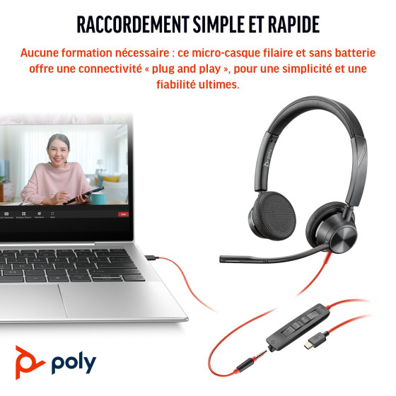 Micro-Casque Poly Blackwire 3325 USB-C Stéréo avec Jack 3,5 mm (8X221AA)