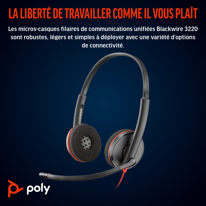Poly Blackwire 3220 Stereo USB-C Headset +USB-C/A Adapter (8X228AA)
