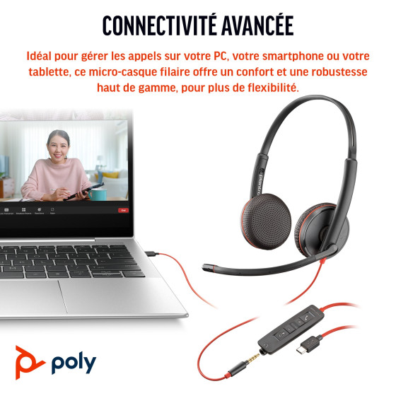 POLY Blackwire 3225 Stereo USB-C Headset +3.5mm Plug +USB-C/A Adapter (8X229AA)