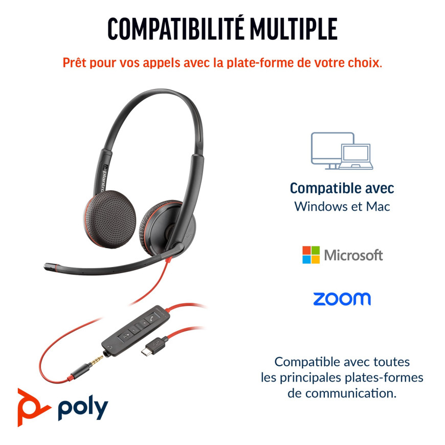 POLY Blackwire 3225 Stereo USB-C Headset +3.5mm Plug +USB-C/A Adapter (8X229AA)