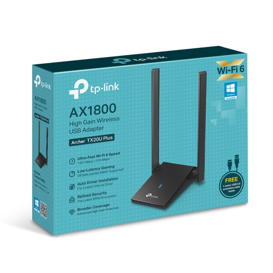 AX1800 High Gain Dual Band Wi-Fi 6 USB Adapter SPEED: 1201 Mbps at 5 GHz + 574 Mbps at 2.4 GHz SPEC: (ARCHERTX20UPLUS)
