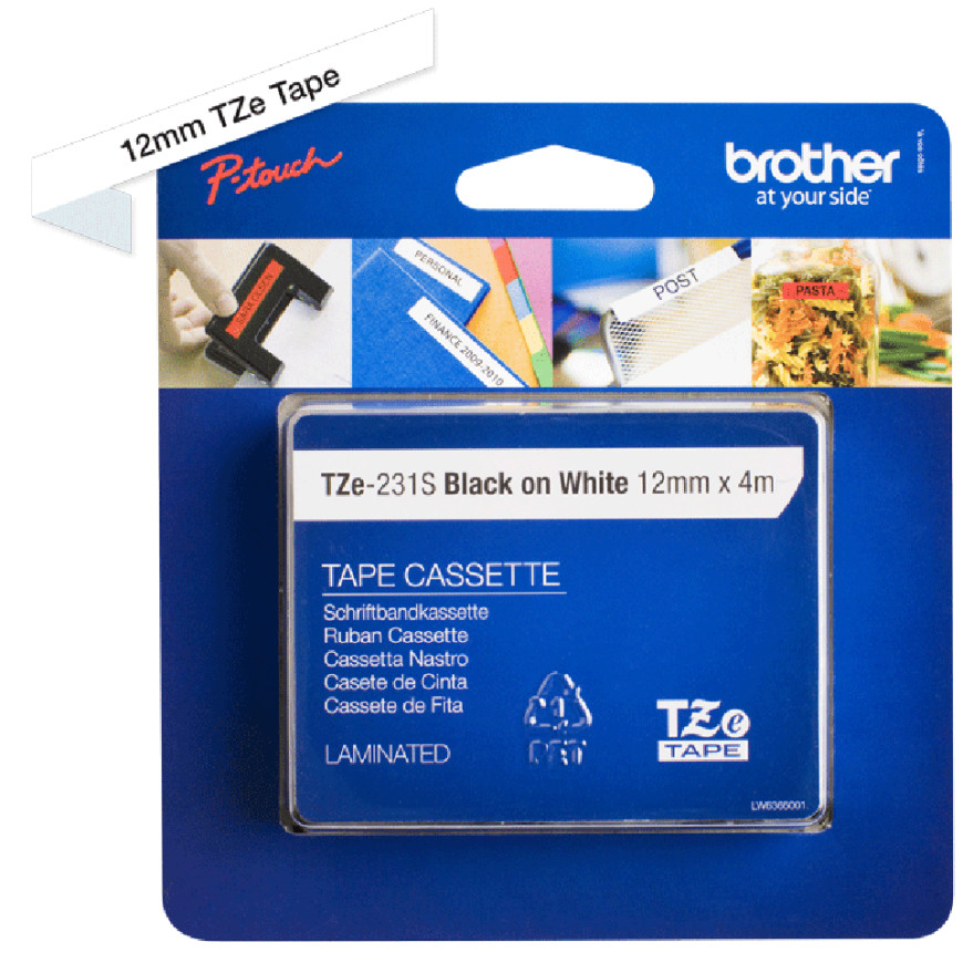 Brother TZE-231S ruban d'étiquette Noir sur blanc Ruban laminé de 12 mm de large, noir sur blanc, 4 m (TZE231S)