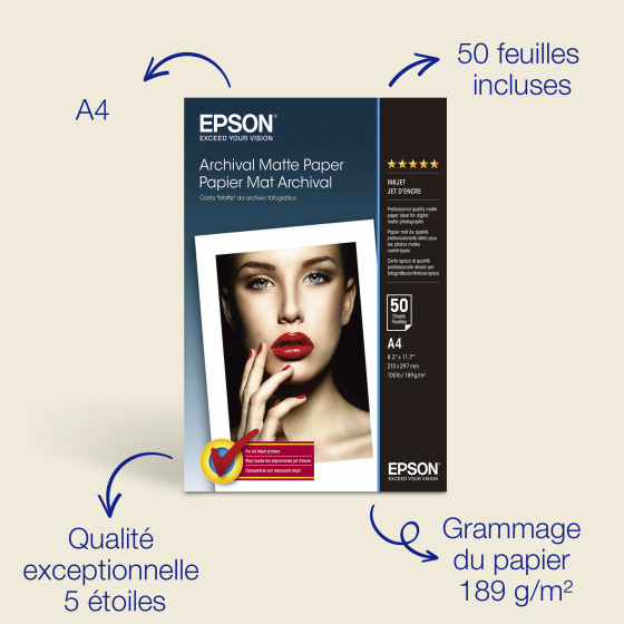 Epson Archival Matte Paper A4 – Papier photo mat professionnel 189 g/m2 (C13S041342)