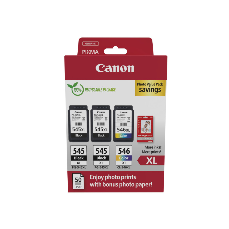 Cartouche d'encre à haut rendement Canon PG-545XL x2/CL-546XL + paquet à prix réduit de papier photo