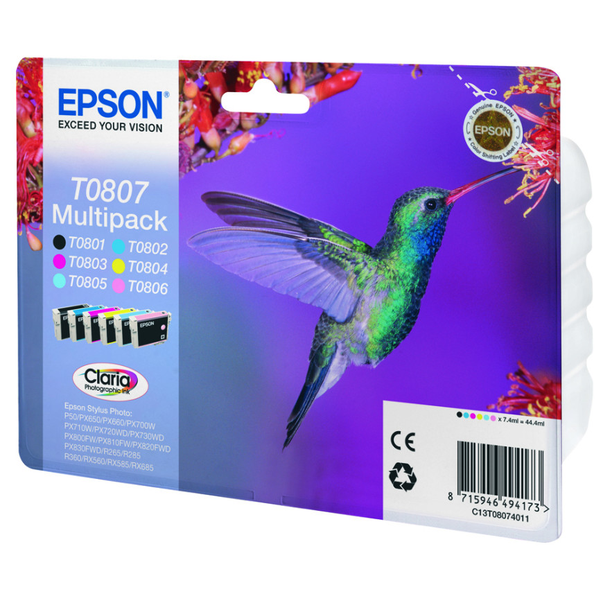 Epson T0807 – Multipack d'encres Claria N, C, M, J, Cc, Mc (C13T08074021)