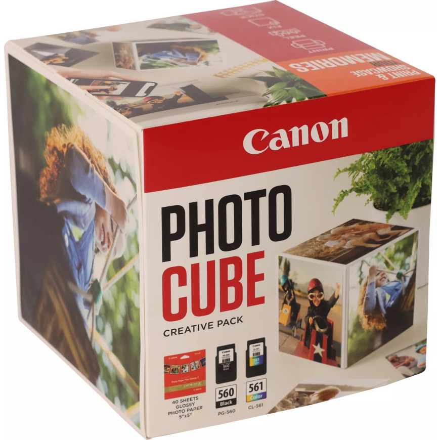 Coffret Canon Photo Cube, avec cartouches d'encre PG-560 et CL-561 et papier photo glacé Extra II PP-201 13 × 13 cm (40 feuilles