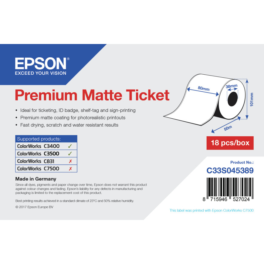 Epson TM-C3400 – Rouleau d'étiquettes Premium Matte 80mm x 50mm (C33S045389)