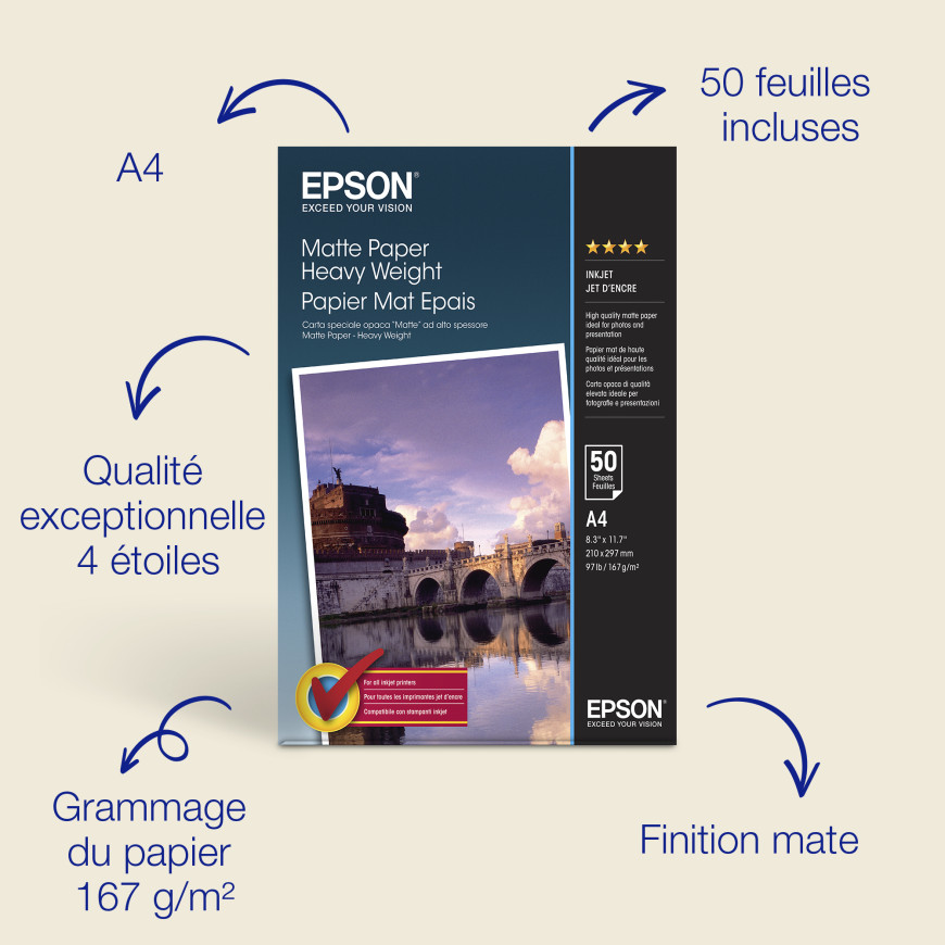 Epson Papier photo A4 mat 167 g/m2, 50 feuilles (C13S041256)
