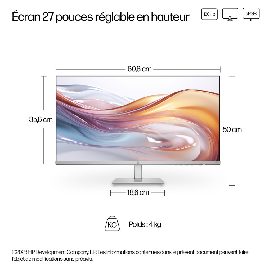 Écran Full HD réglable en hauteur 27 pouces HP Série 5 - 527sh